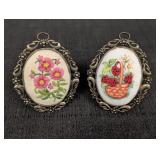 Oval Metal frame Cross Stitch Flowers & Strawberry