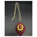 Red Rhinestone Brooch Pin Necklace