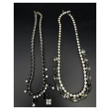 (2) Mid Century Black & Clear Rhinestone Necklaces