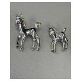 Silver tone horse & colt brooch set, rhinestone