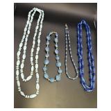 4 blue beaded necklaces, 2 long enough for