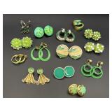 Variety of green clip on earrings, 14 pairs