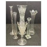 6 clear glass vases, 6.25 - 10.5in H
