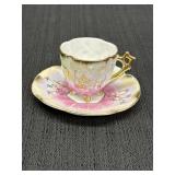 Footed demitasse cup & saucer set, pink & yellow