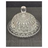 Pressed glass round covered butter dish, 7.5in dia
