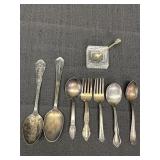 Silver plated souvenir spoons, small forks &