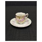 Demitasse cup & saucer, pink/yellow/gold, luster