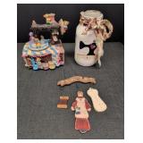 Sewing machine music box, painted jar w/ sewing