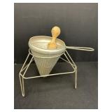Vtg aluminum cone strainer, wooden pestle & stand
