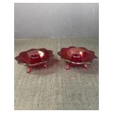 (2) Ruby Red Glass Flower Petal Candlestick Holder