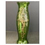 Green Glass Vase W/ Handpainted Floral Design