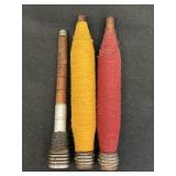 3 vtg wooden textile bobbins w/ yellow, ted tone
