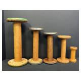 5 vtg wooden textile spools 4-11"