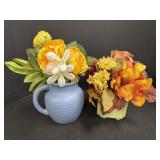 Blue & Green Ceramic Vases w/ artificial flowers