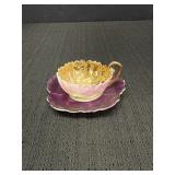 Demitasse cup & saucer, pink/green/gold cup &