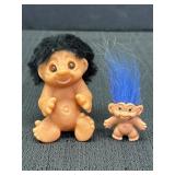 2 Dam troll dolls, 1985 3in H & blue hair pencil