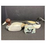 Ceramic duck & loon planters & loon decor piece.