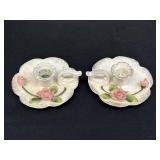 2 vtg porcelain rose chamberstick candle holders