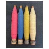 4 vtg wooden textile bobbins w/ blue, pink,