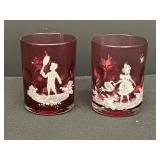 2 vtg Mary Gregory cranberry glass tumblers hand