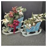 (2) Hand Painted Floral Sleigh Decors