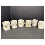 6 coffee mugs, hand-painted designs, 4 signed Jo
