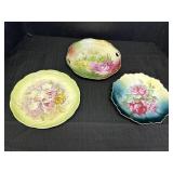 3 vtg colorful floral plates, 9 - 9.5in dia., one