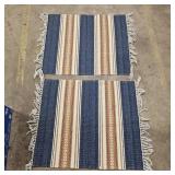 (2) Blue & Tan Striped Woven plastic Rugs