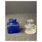Cobalt Blue & Clear Glass Ink Bottles (2)