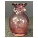 Hand Blown Cranberry Swirl Ruffle Vase