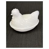 Hazel Atlas milk glass hen on nest, 4.5 x 3.5in H
