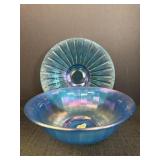 Blue Iridescent Glass Bowl & Plate (2)