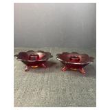 (2) Red Amberina Glass Flower Candlestick Holder
