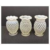 3 opalescent hobnail glass mini bud vases  w/