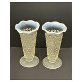2 opalescent hobnail glass bud vases w/ ruffled