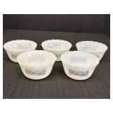 5 Currier & Ives design milk glass custard bowls,