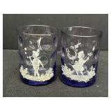 2 vtg Mary Gregory purple glass tumblers hand