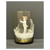 Vtg Mary Gregory yellow glass tumbler hand