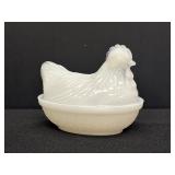 4.5" milk glass hen on nest covered dish
