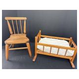 Wooden baby doll chair & cradle.  7.25in H seat &