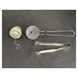 Tea stainer, egg separator, tongs