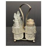 Metal handle glass condiment cruet set