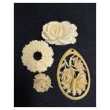 Faux Ivory & Resin Carved Pendants & Brooch Pins