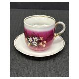 Mustache cup & saucer, burgandy floral w/gold