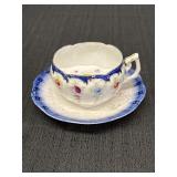 Mustache cup & saucer, scalloped royal blue rim