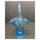 Blue glass basket w/handle, 8.5in