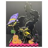 Wood Halloween decoration w/ black cats, bats, &