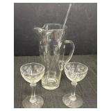 Vtg etched glass beverage set, 9in pitcher, glass