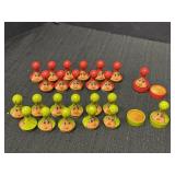24 wood painted-face round top game pieces & 4