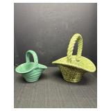 2 ceramic baskets w/handles, 6 & 10in H